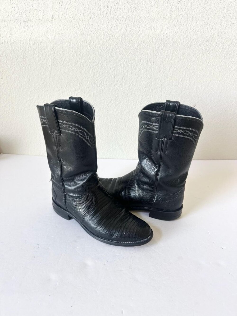 Vintage Justin Roper Boots Black Cowboy Boots Womens 7 Lizard Western Low Heel